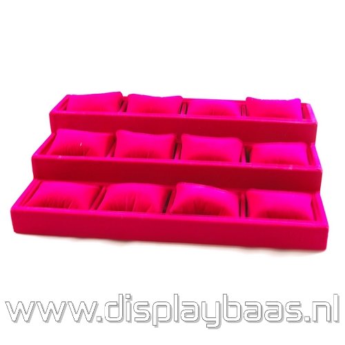 Displaydoos voor armbanden/horloges, velours, fuchsia, 3 verdiepingen 12 kussentjes - Klik op de afbeelding om het venster te sluiten