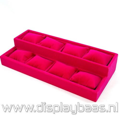 Displaydoos voor armbanden/horloges, velours, fuchsia, 2 verdiepingen 8 kussentjes - Klik op de afbeelding om het venster te sluiten