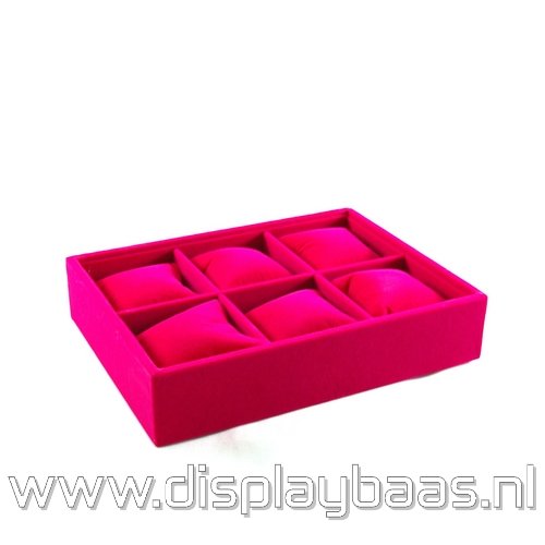 Displaydoos voor armbanden/horloges, velours, fuchsia, 6 kussentjes - Klik op de afbeelding om het venster te sluiten