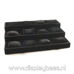 Displaydoos voor armbanden/horloges, velours, zwart, 3 verdiepingen 12 kussentjes